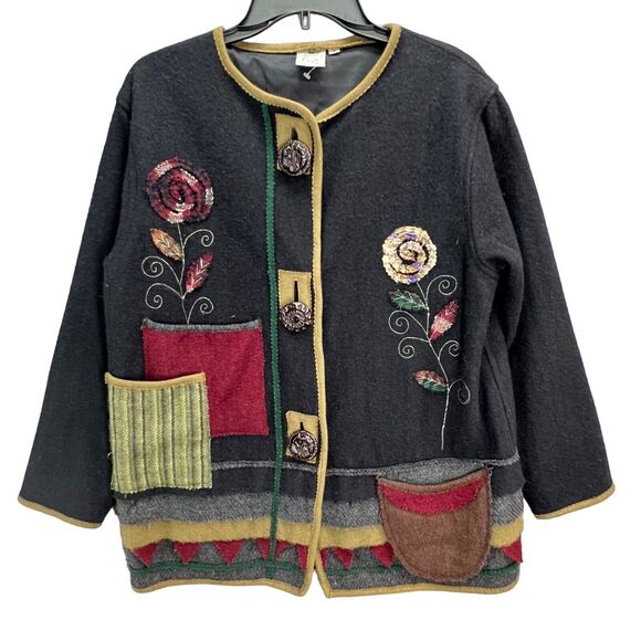 Parsley & Sage Sweater Jacket Womens S Black Multi Wool Patchwork Artful Cottage - Picture 3 of 16